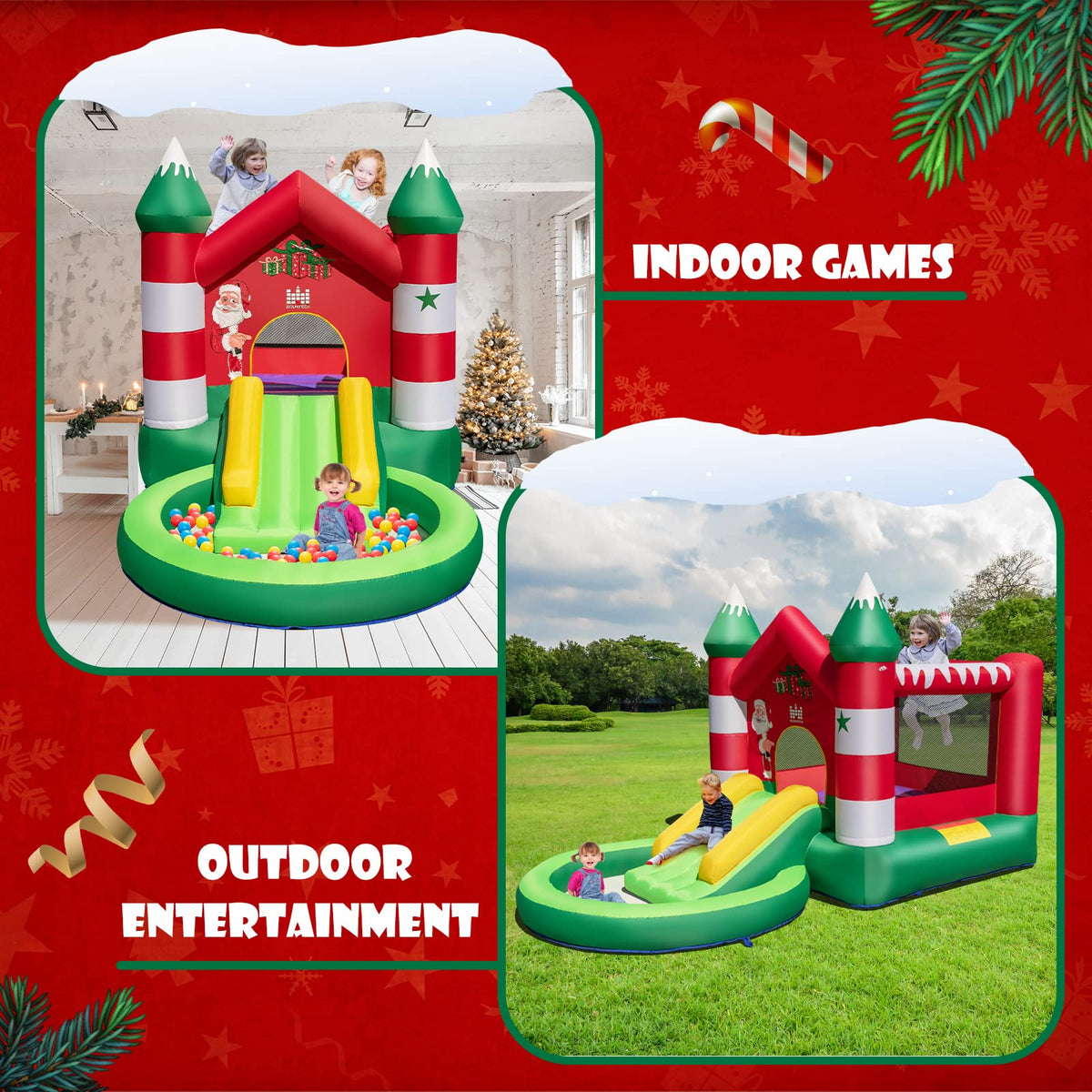 Inflatable Bounce House, Christmas Themed Jumping Castle w/Slide, Trampoline, Round Ball Pit Pool