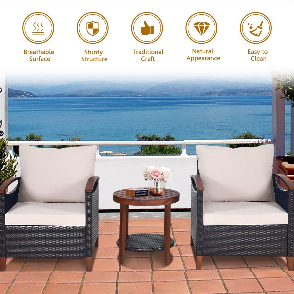 3 Piece Patio Sofa Set, 2 Rattan Chairs w/ 2-Tier Coffee Table