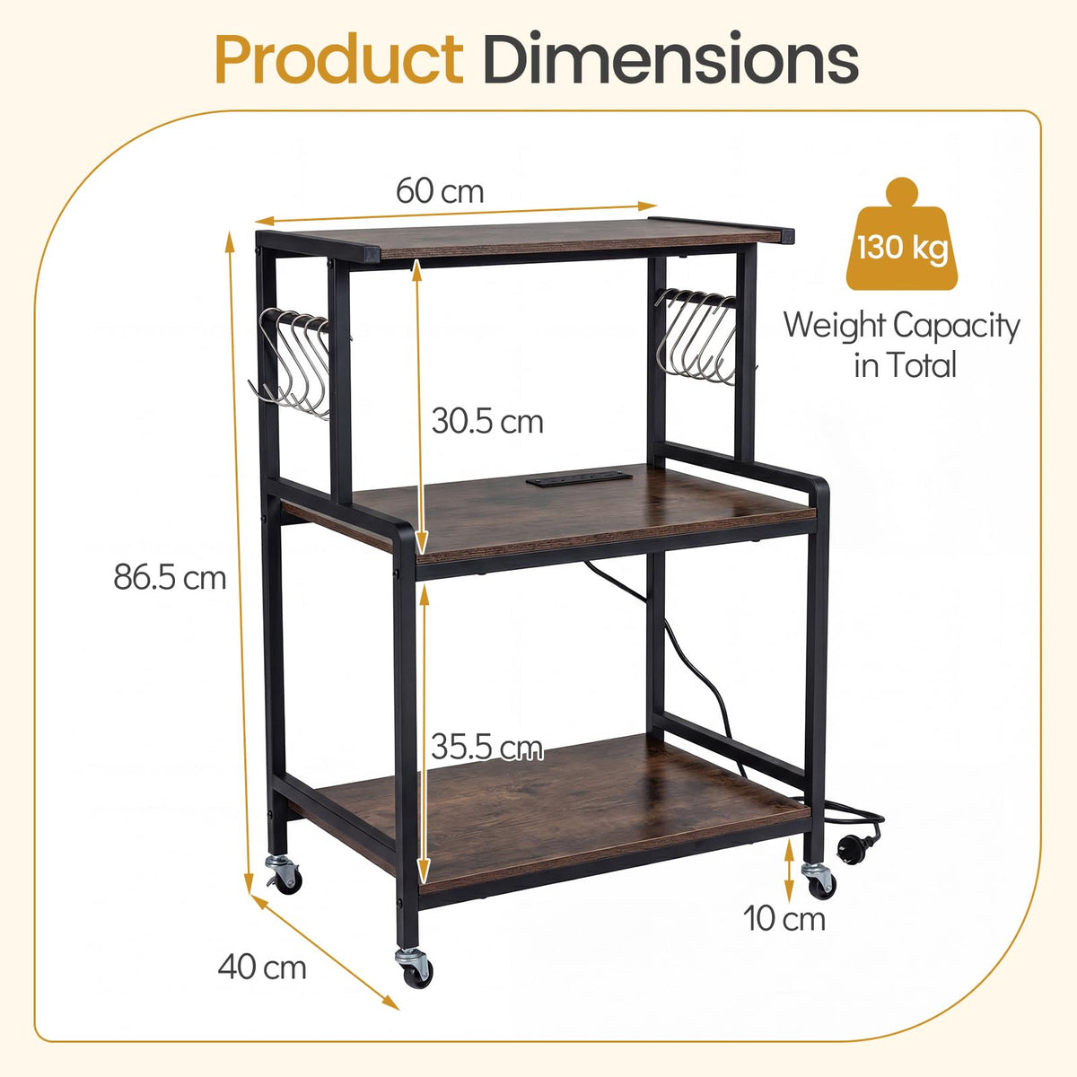 3-Tier Kitchen Rolling Cart with Power Outlets 10 S-Shaped Hooks