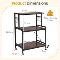 3-Tier Kitchen Rolling Cart with Power Outlets 10 S-Shaped Hooks