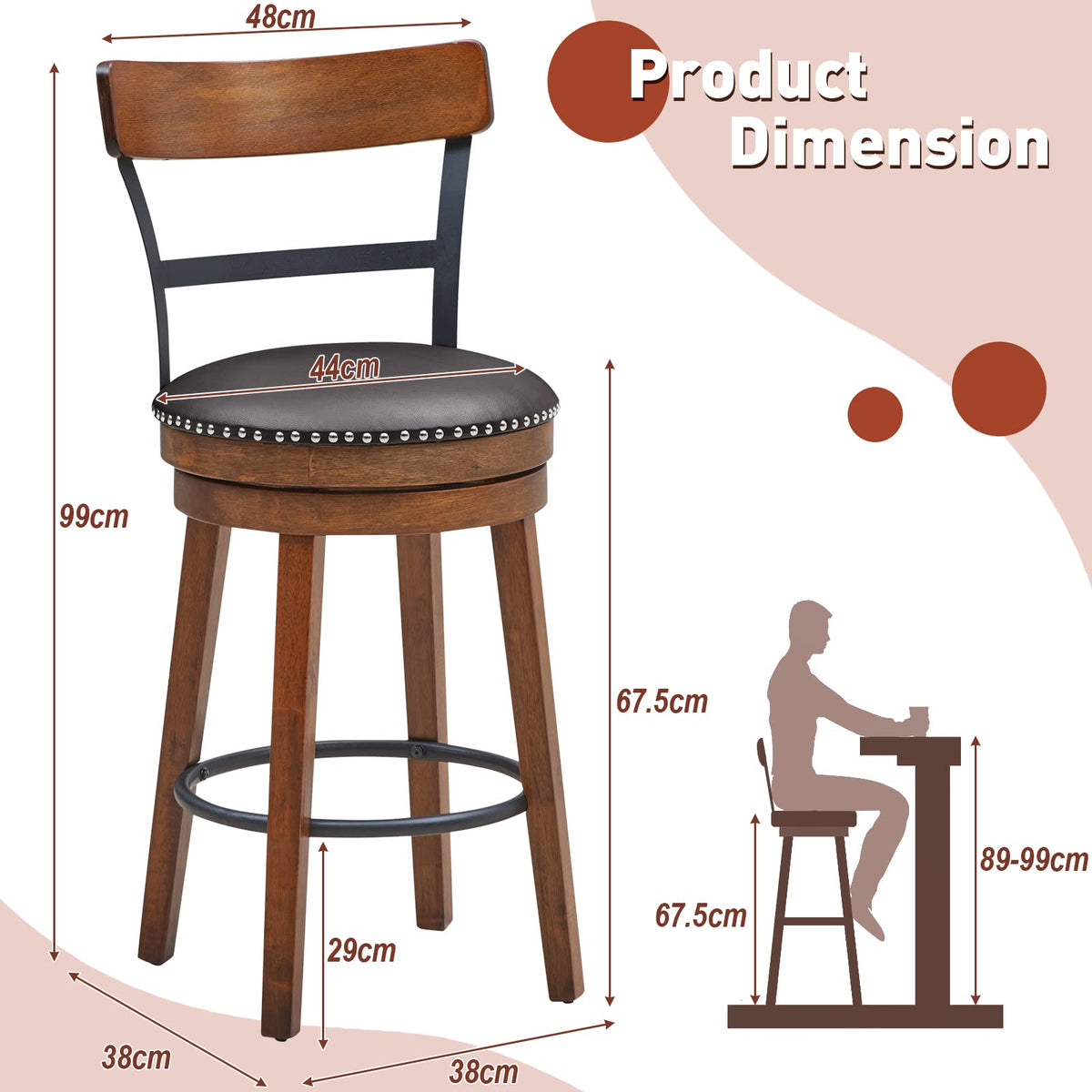 Giantex Set of 2 Swivel Bar Stools, Upholstered Breakfast Stools with Soft Padded Seat Cushions and Footrests