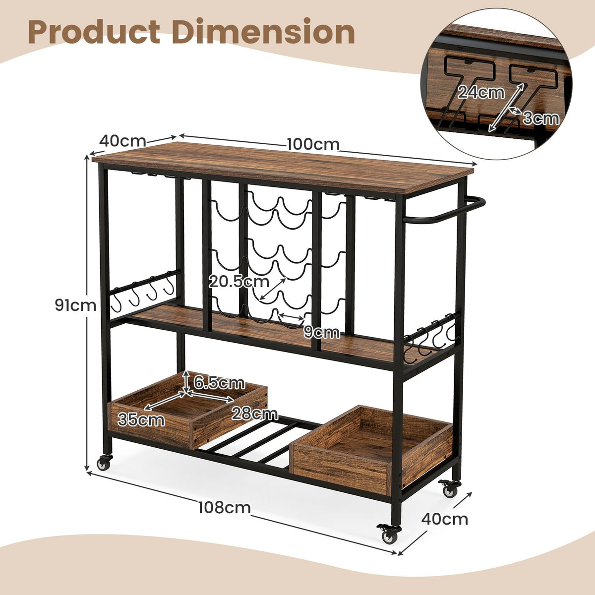 3-Tier Bar Cart Serving Cart on Wheels Industrial Rolling Beverage Cart Kitchen