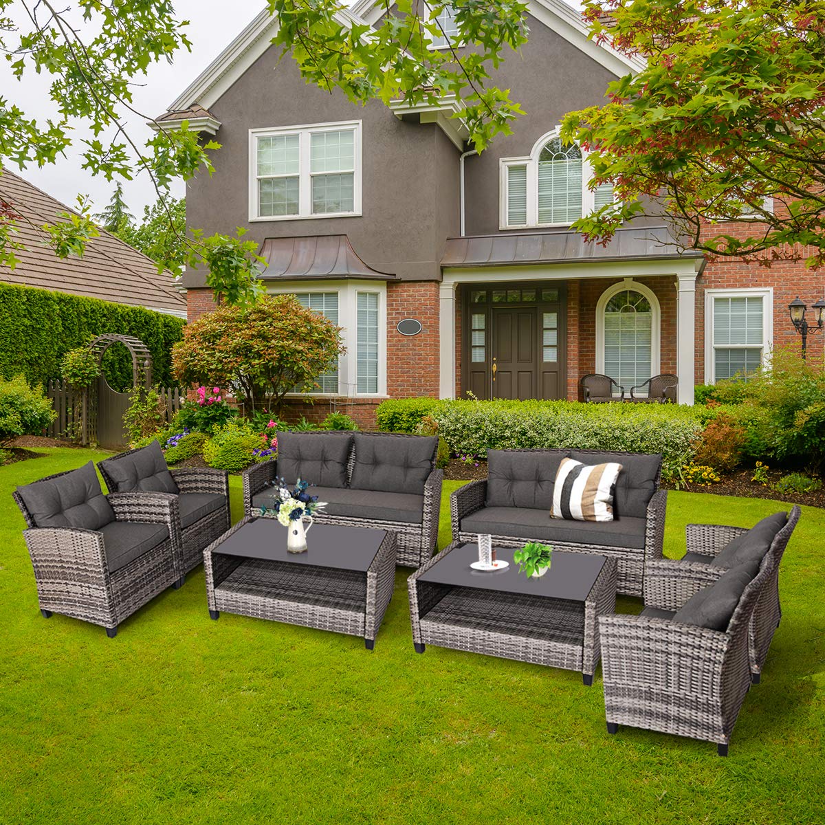 Outdoor Furniture Sofa Set, 4 Pcs Patio Rattan Conversation Set, w/ Tempered Glass Tabletop & Soft Cushions, Mixed Gray