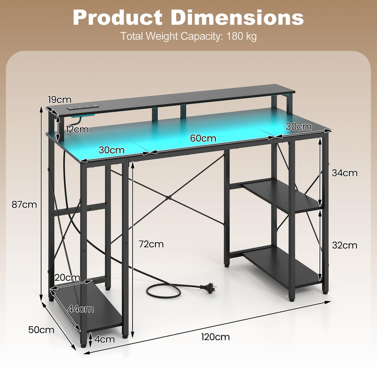 Giantex 120cm Computer Desk with Charging Station and LED Lights