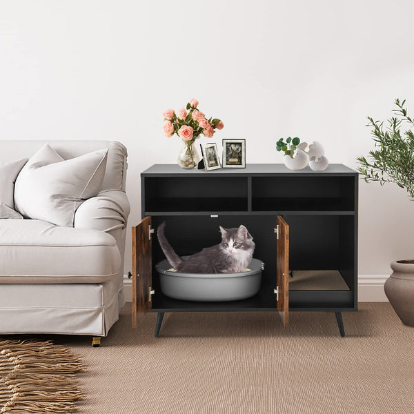 Cat Litter Box Enclosure with Scratching Pad, Slanted Metal Legs, Cat Furniture End Table Nightstand with 2 Storage Shelves