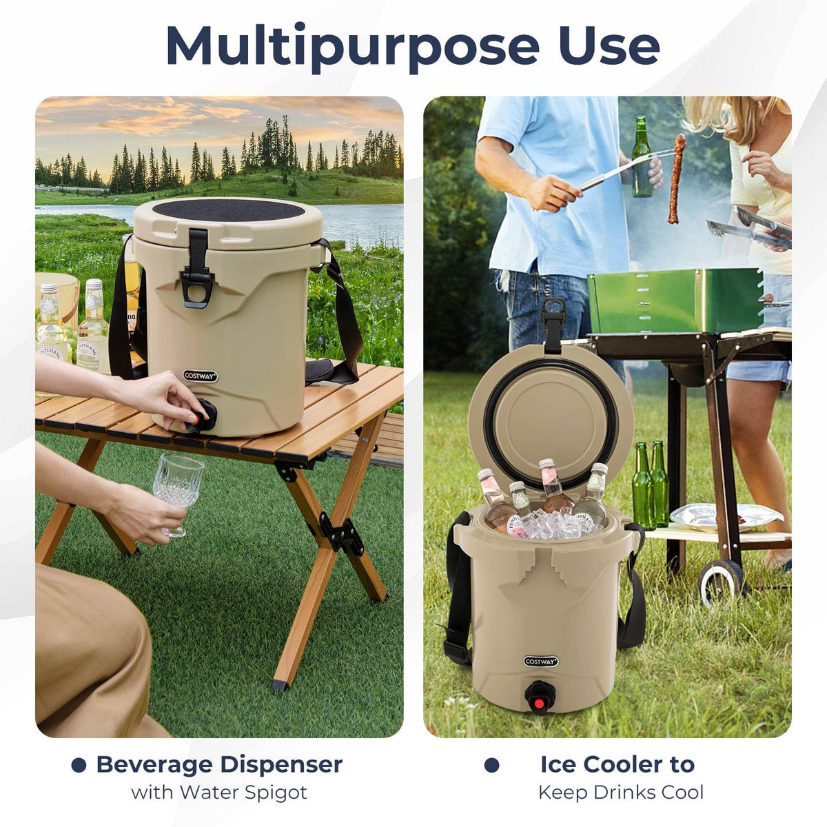 7.85 L Drink Cooler, Portable Insulated Ice Chest with Flat Seat Lid & Strap