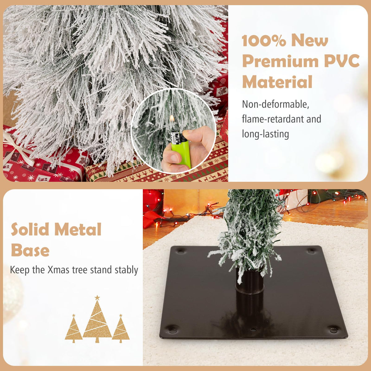 90&120&150 cm Artificial Christmas Tree Set of 3, Pre-lit Xmas Trees w/Snow-Flocked Branch Tips