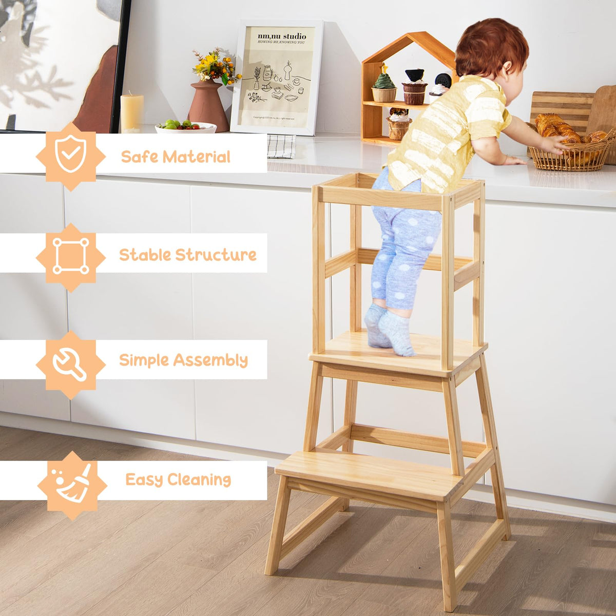 2-in-1 Wooden Kids Kitchen Step Stool with Safety Rails