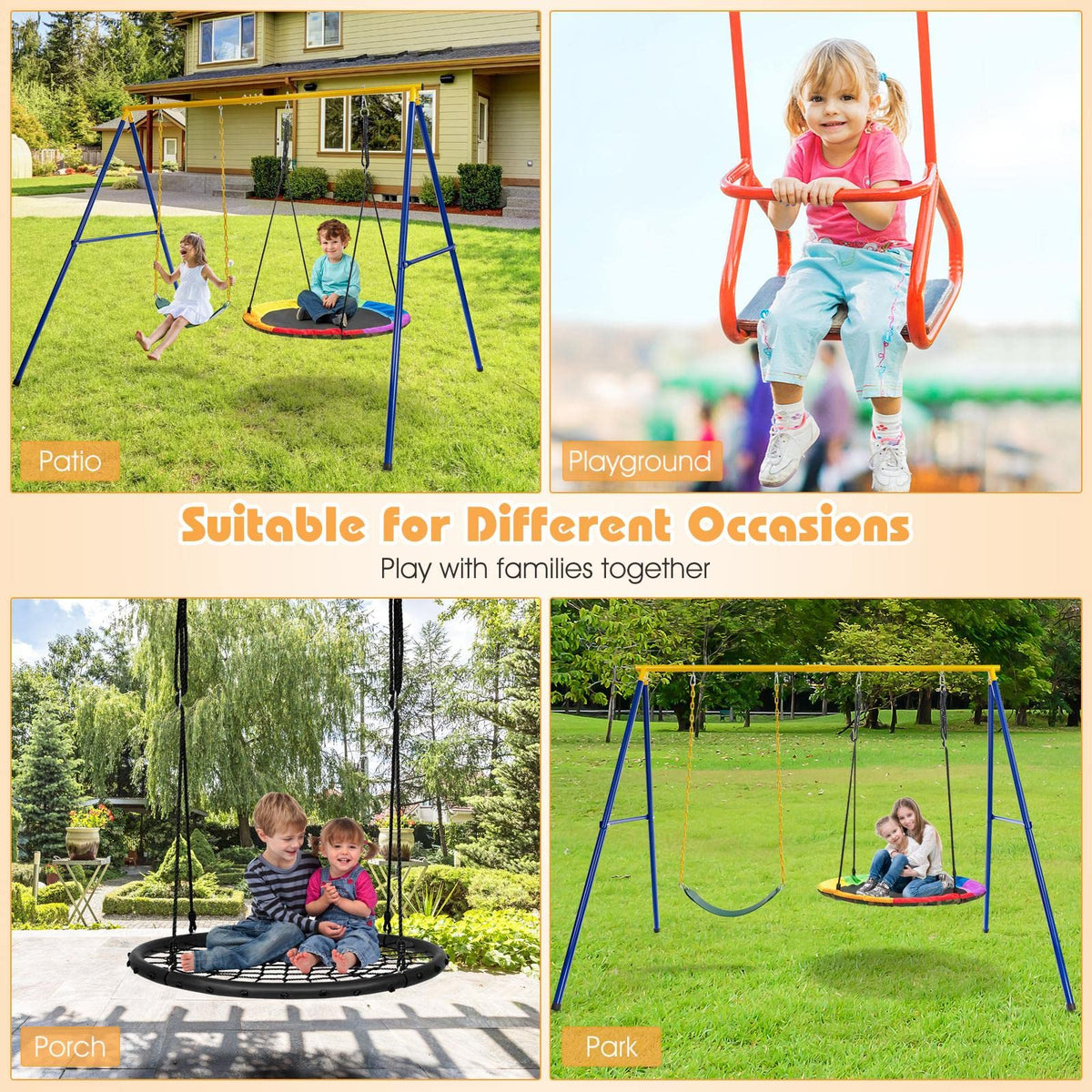 2 Seat Swing Frame for Kids, Children Heavy-Duty Metal Swing Stand w/Ground Stakes