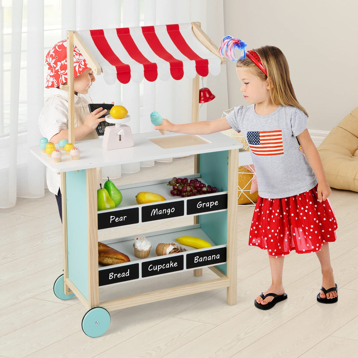 Kids Pretend Play Grocery Store, Wooden Ice Cream Cart Toy Set for Kids Ages 3+ with Ice Cream Making Counter