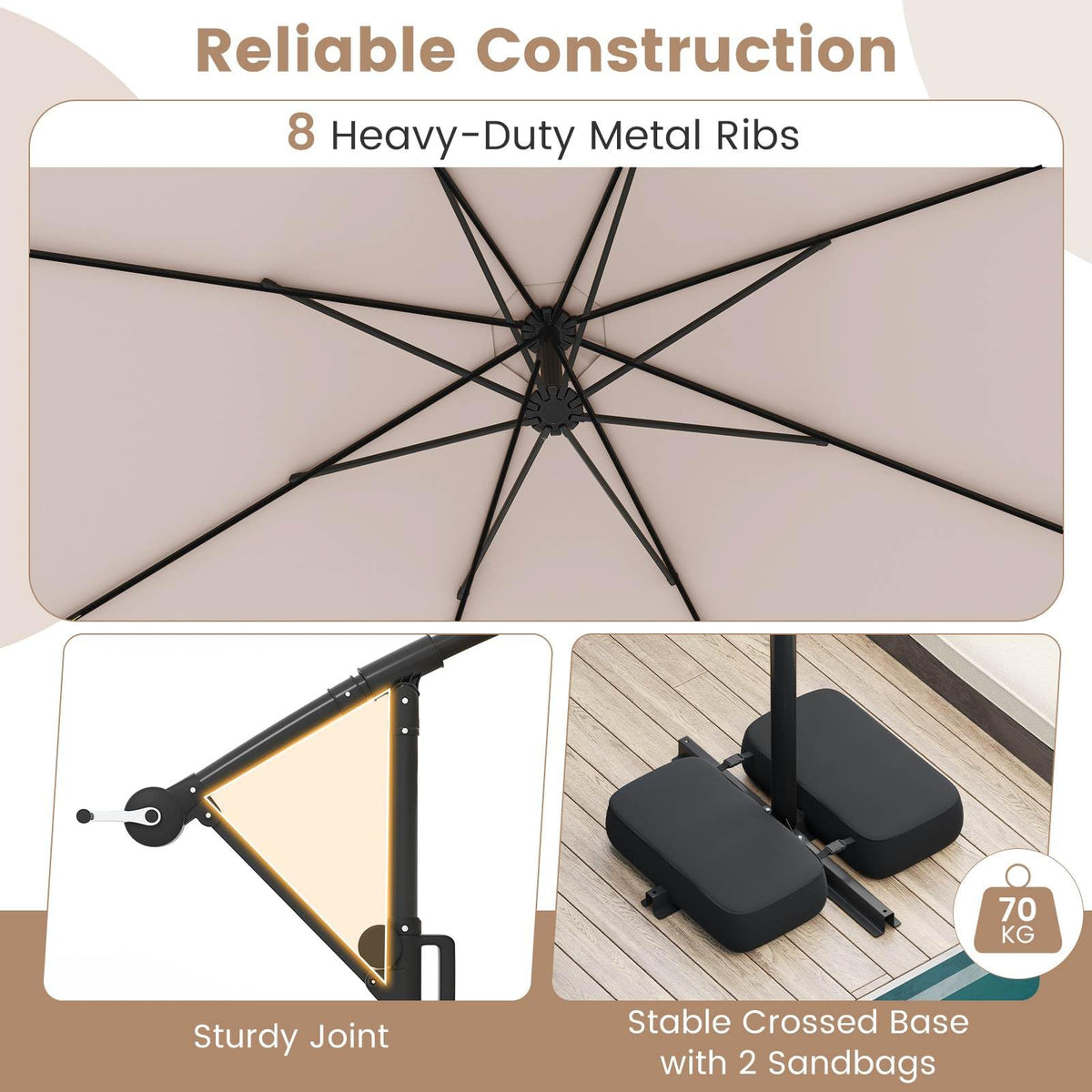 3 m Solar Offset Hanging Umbrella w/Base