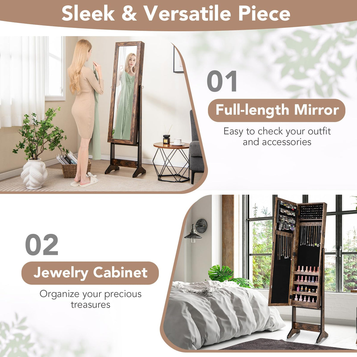 Mirror Jewelry Cabinet Standing with 4 Shelves and 3 Adjustable Tilt Angles