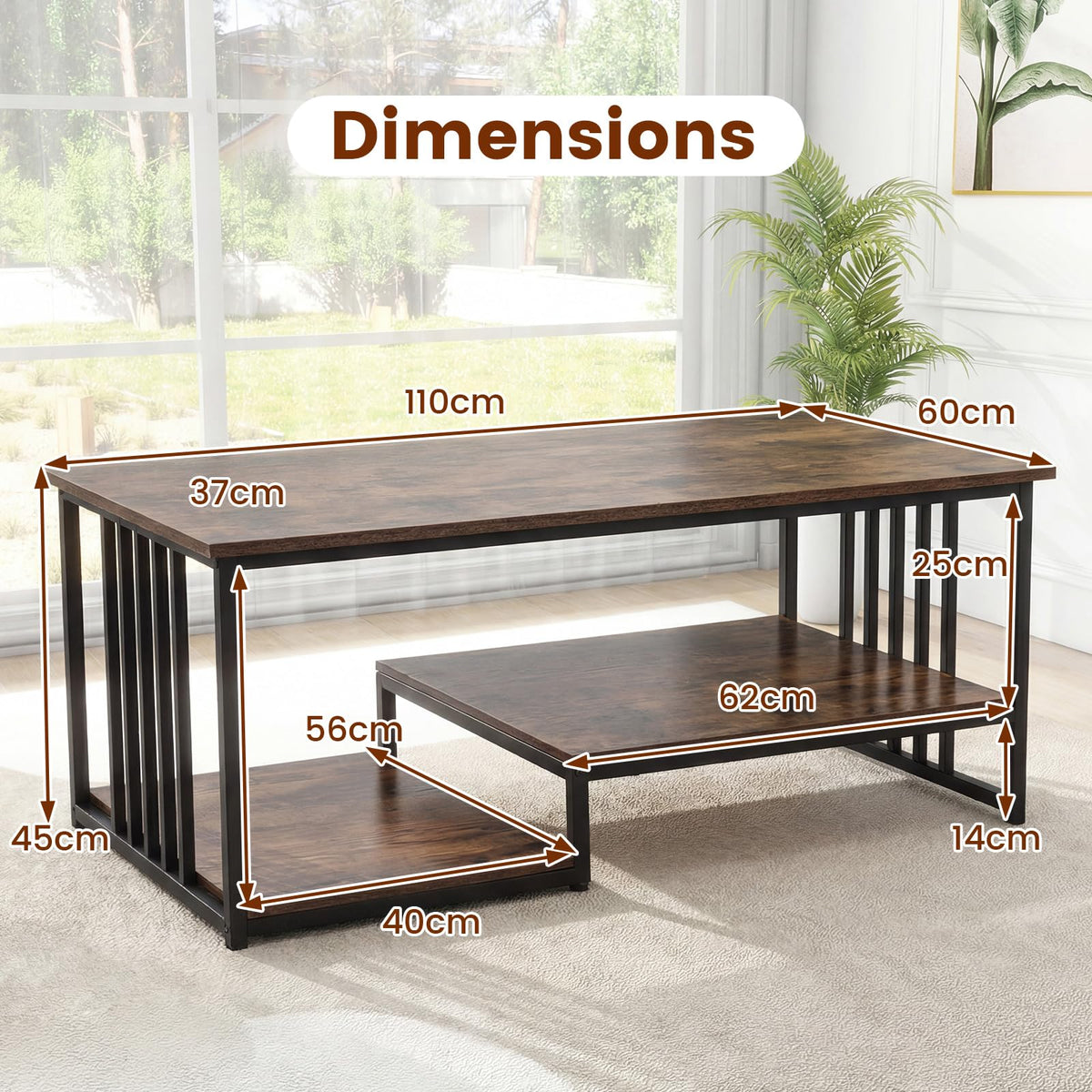 Industrial Coffee Table Rectangular 2-Tier with Open Shelf for Living Room
