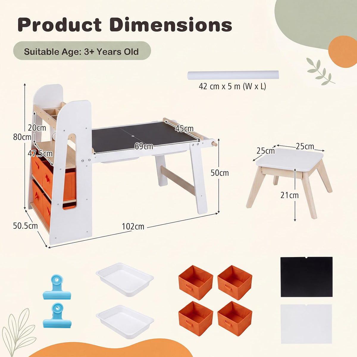 Kids Sensory Art Table 2 Chairs Set with Paper Roll Blackboard and 2 Detachable Activity Basins