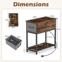 Narrow Side Table with Charging Station and LED Lights for Small Spaces and Living Room