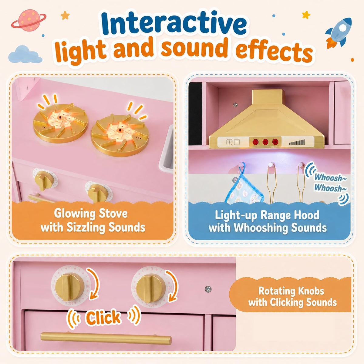 Wooden Play Kitchen for Kids Toddlers with Real Lights and Sounds