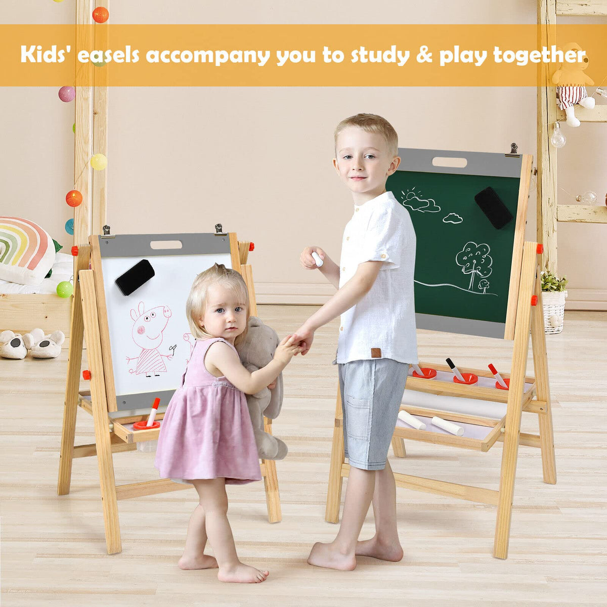 3-In-1 Foldable Kids Easel with Adjustable Height and Chalks Pens