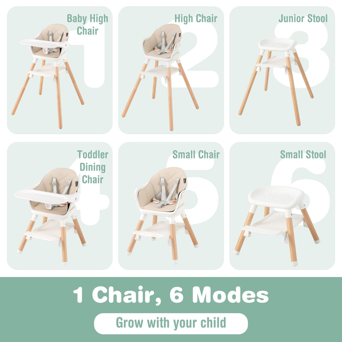 6-in-1 Convertible Wooden Baby High Chair