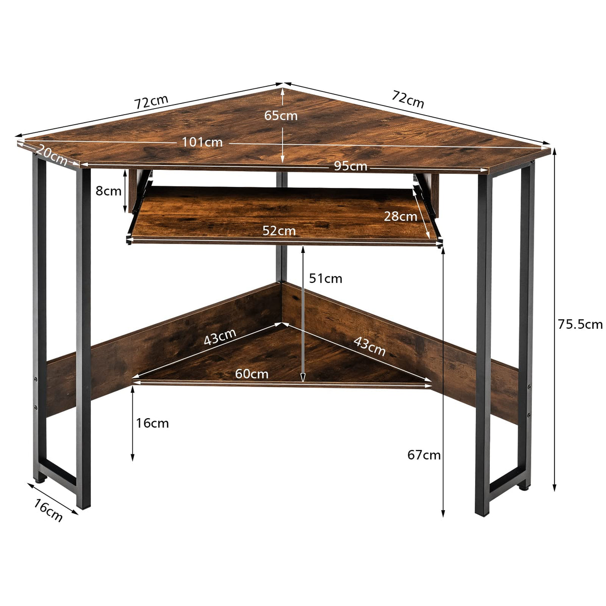 Giantex Corner Desk, 90-Degree Triangle Corner Computer Desk w/Keyboard Tray for Small Space, Rustic Brown & Black