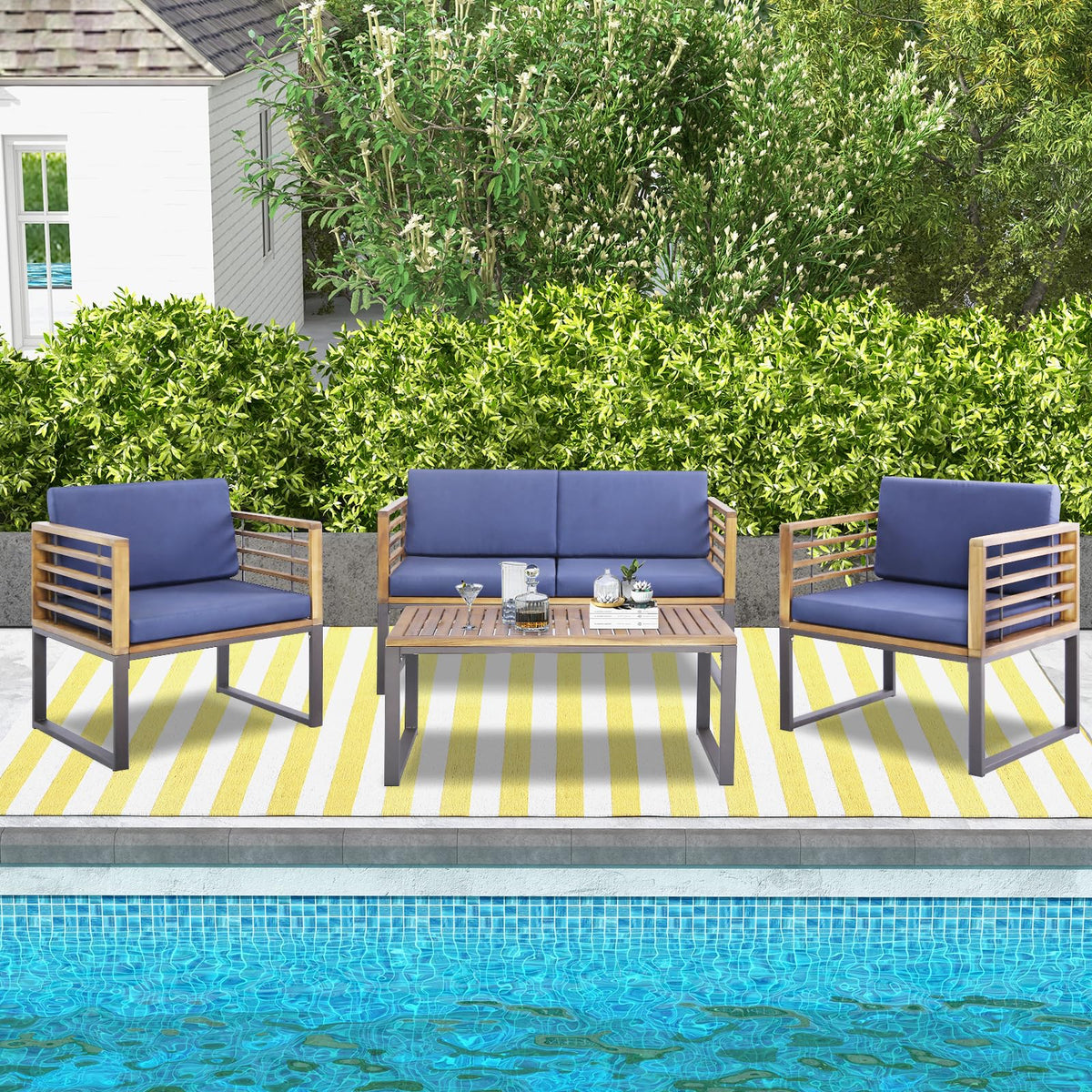4 Piece Patio Chair Set with Soft Seat & Back Cushions for Backyard