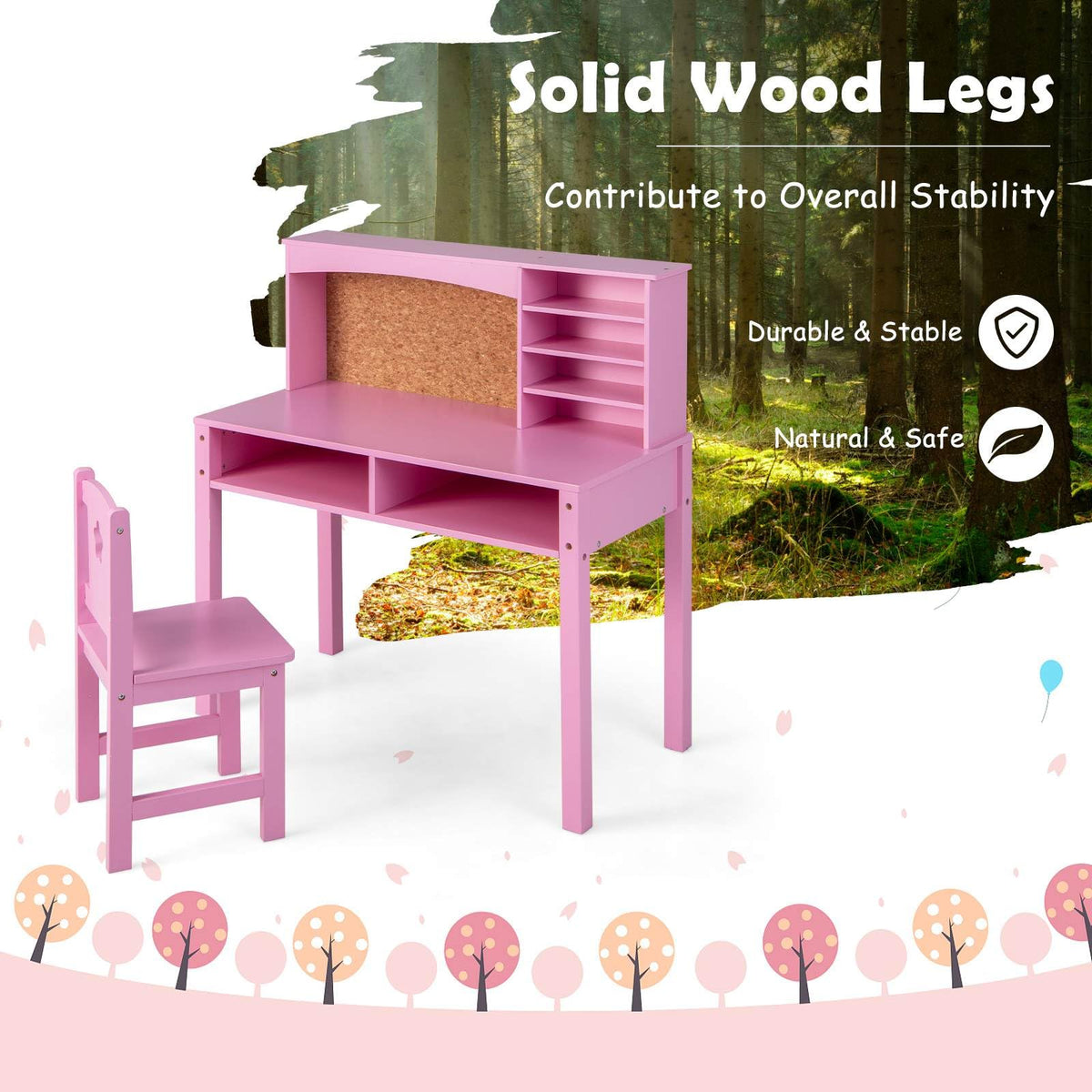 Kids Desk and Chair Set with Hutch and Cork Bulletin Board