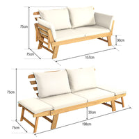 Outdoor Convertible Acacia Wood Daybed, Couch Sofa Bed w/Adjustable Armrest