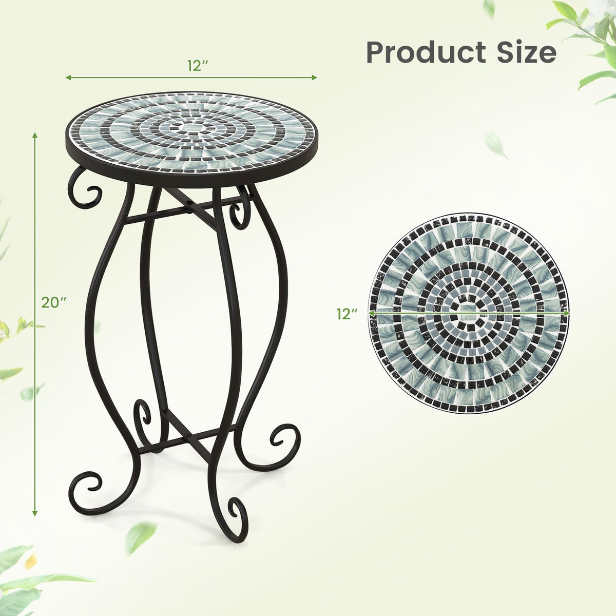 Mosaic Outdoor Side Table with Weather Resistant Ceramic Tile Tabletop