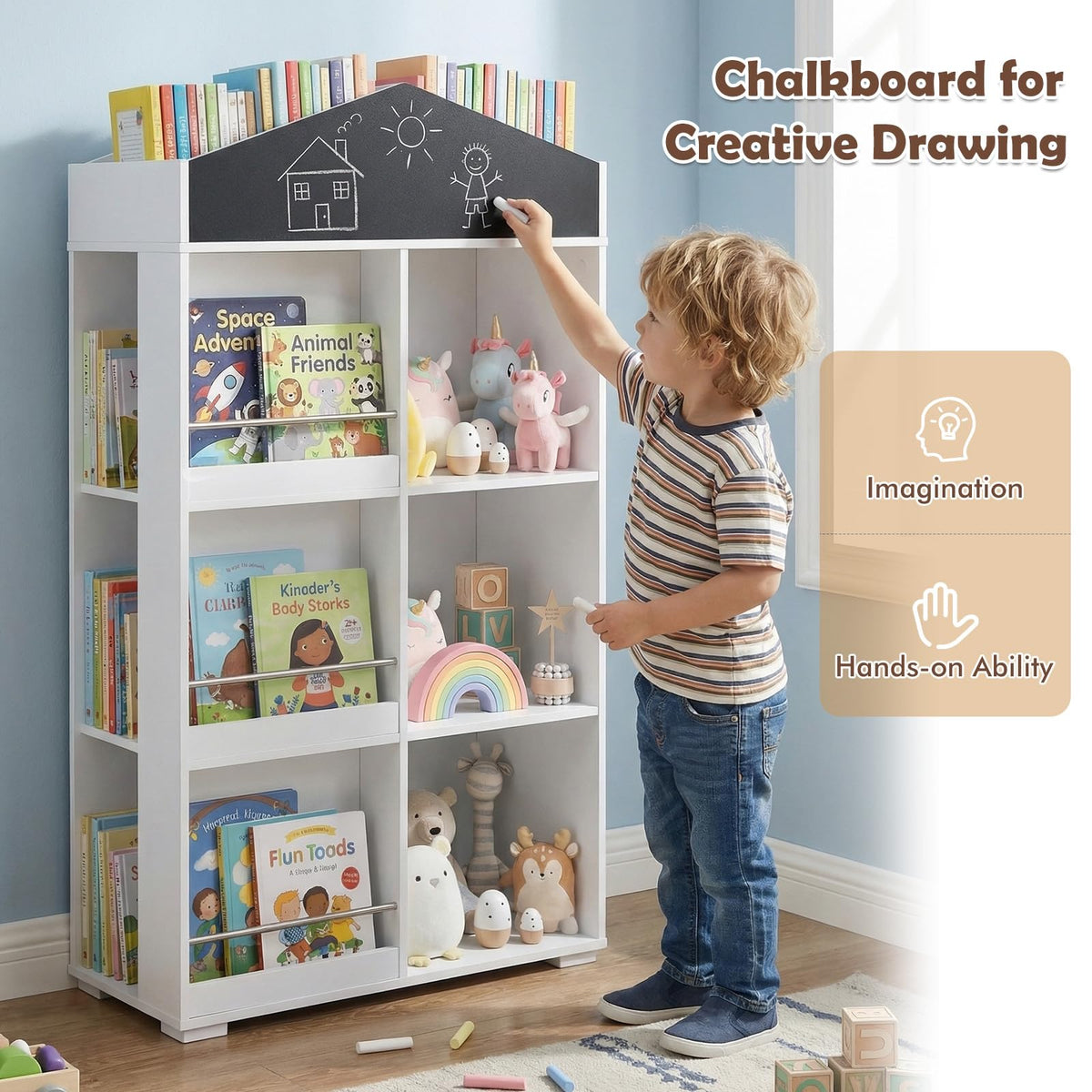 House Shaped Kids Bookshelf, Toy Storage Organizer w/Compartments & Chalkboard