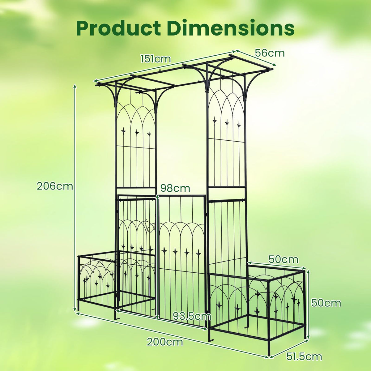 Garden Arch Trellis with Gate and Planter Boxes, 206cm Heavy Duty Metal Arbor