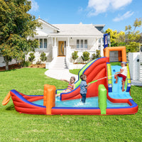 6-in-1 Pirate Ship Bounce House w/Long Slide, Climbing Wall, Splash Pool, Dart Game, Ring-toss & Water Guns, Kids Bouncer Castle w/Carrying Bag (without Blower)