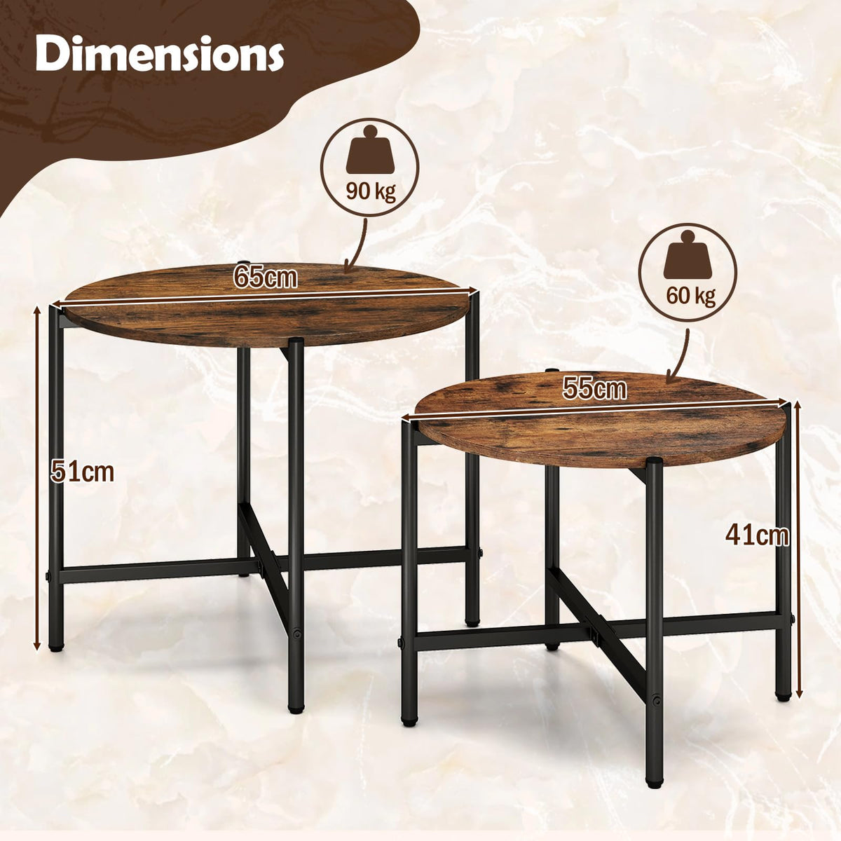 Round Coffee Table Set of 2, 55cm & 65cm Nesting Coffee Tables with Heavy-Duty Metal Frame