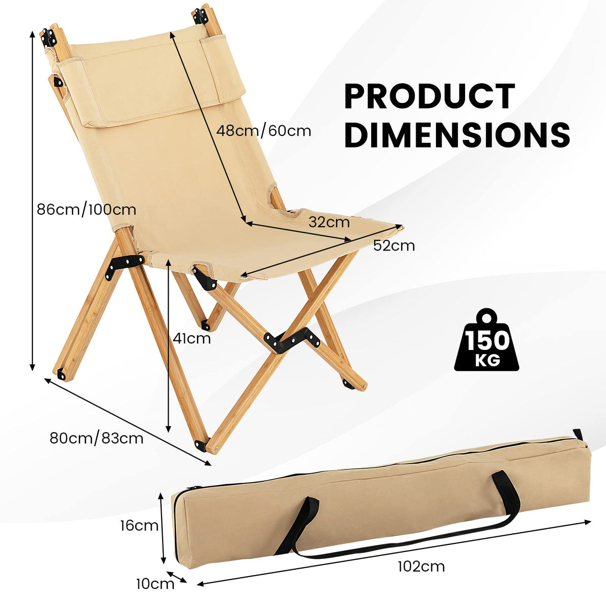Portable Folding Camping Chair with 2-Level Adjustable Backrest for Picnic, Beach