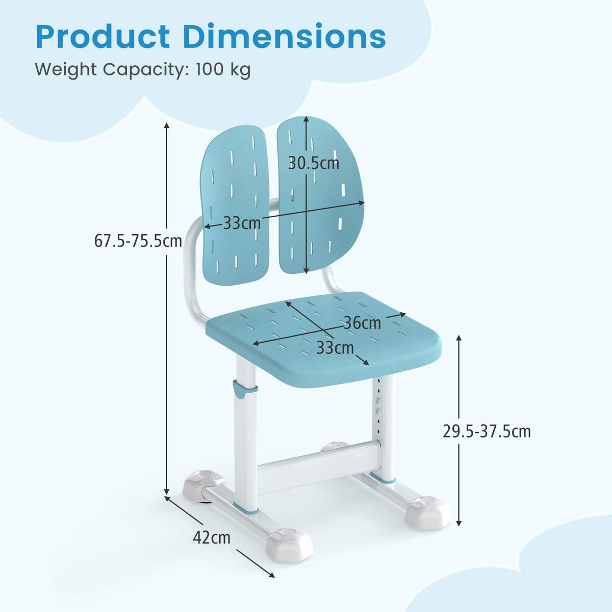 Height-Adjustable Kids Desk Chair, Children Study Chair w/Double Back Support & Breathable Seat
