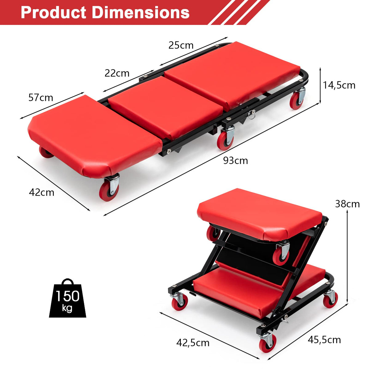 2-in-1 Rolling Creeper Seat, Folding Creeper w/PVC Padded Seat