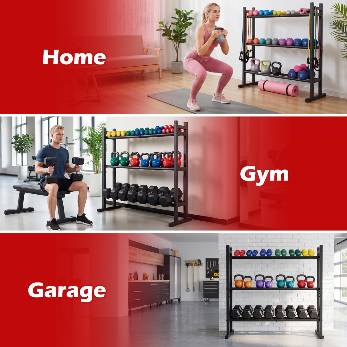 3-Tier Dumbbell Rack, 240KG Capacity Heavy-Duty Adjustable Weight Rack Stand