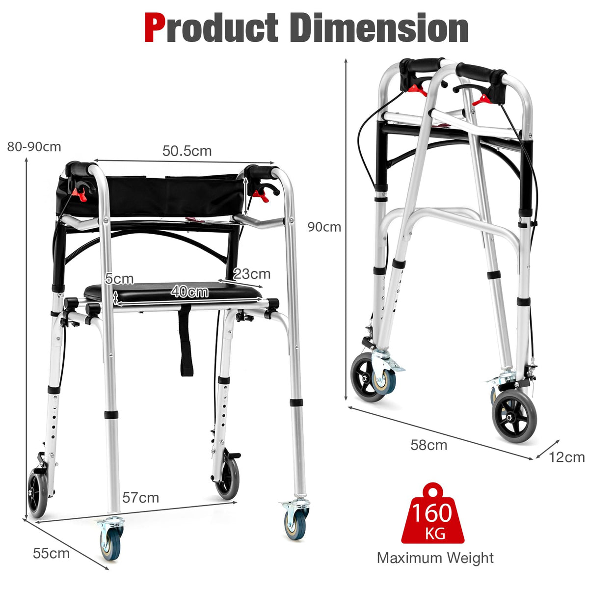 2-Button Folding Walker, Height Adjustable Walking Aid