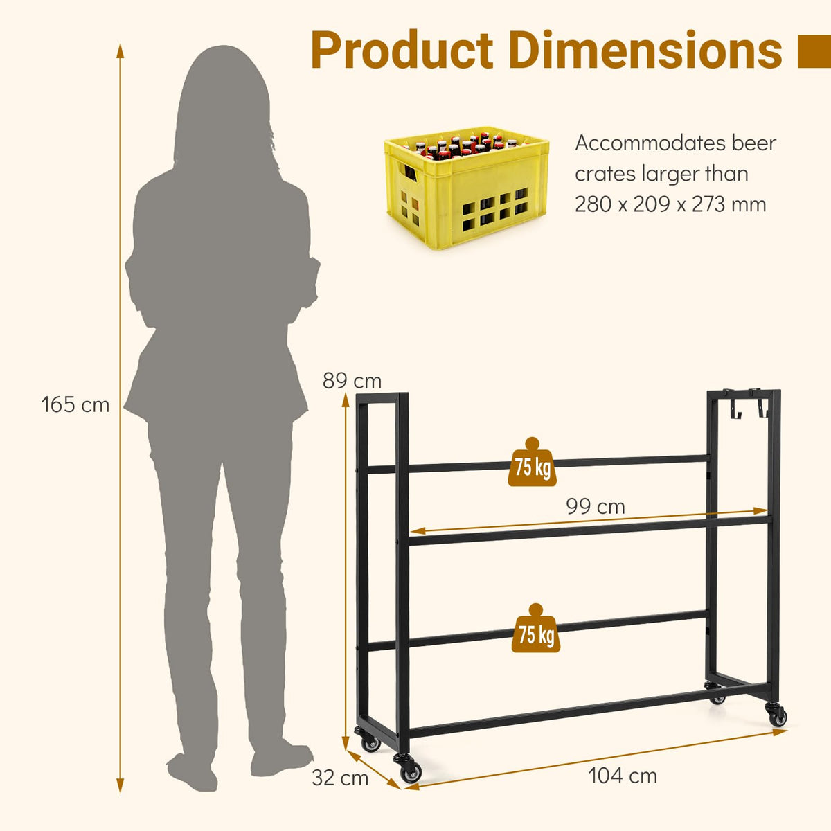 Giantex 2-Tier Drink Crate Rack, Rolling Bottle Crate Shelf with 4 Universal Wheels, 2 Hooks, 2 Tilt Angles for Beer
