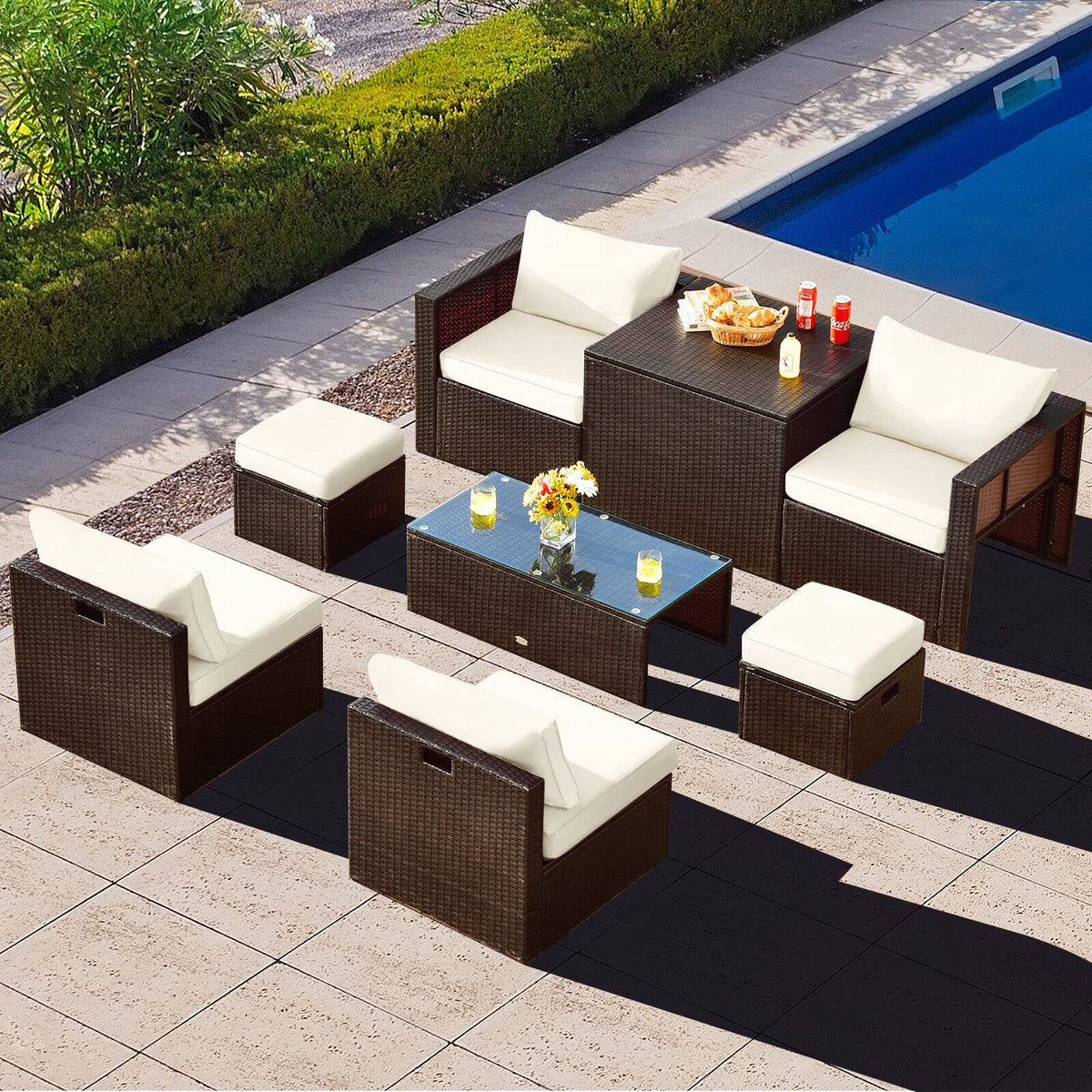 8-Piece Outdoor Patio Furniture Set, Outdoor Space-Saving PE Rattan Conversation Set with Storage Box