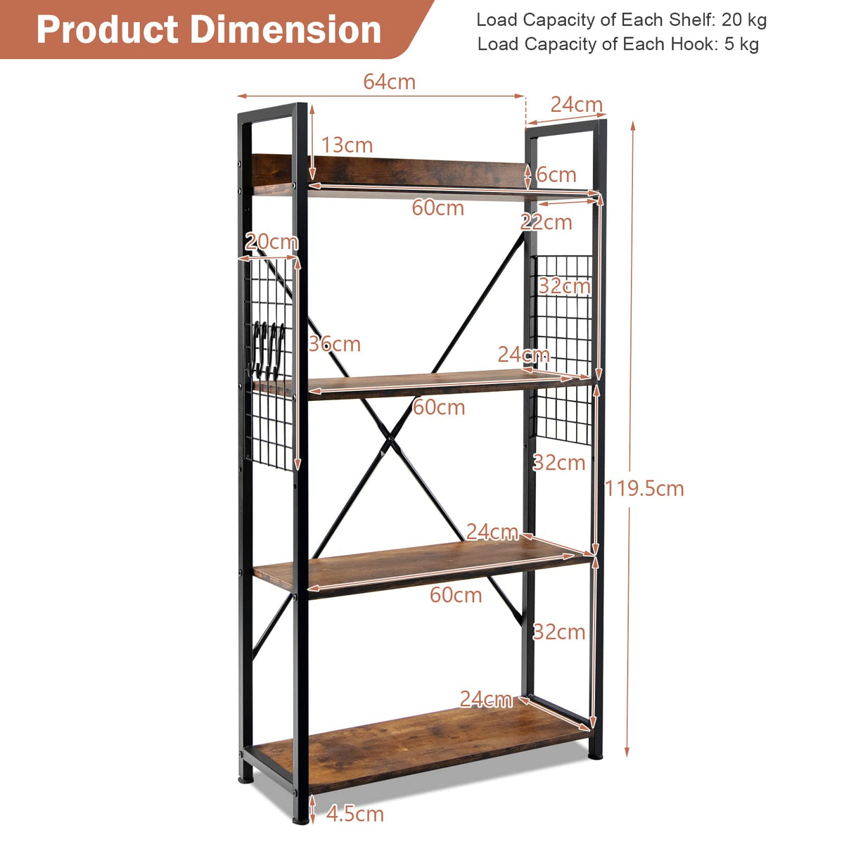 Giantex 4-Tier Bookshelf, Vintage Industrial Open Bookcase w/S-Shaped Hooks, Rustic Brown