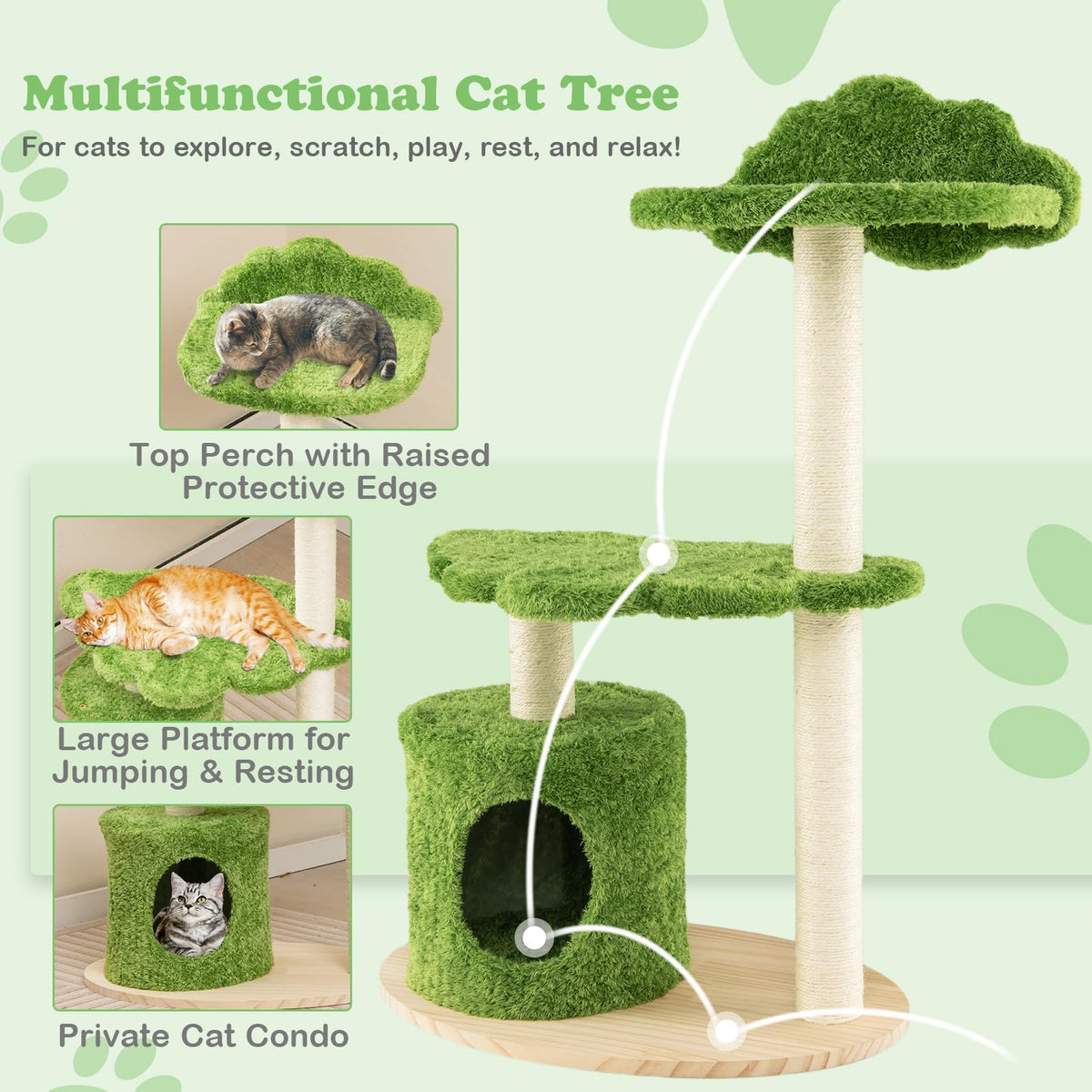 97CM Cute Cat Tree for Indoor Cats, Cat Condo Furniture w/Fully Wrapped Sisal Scratching Posts