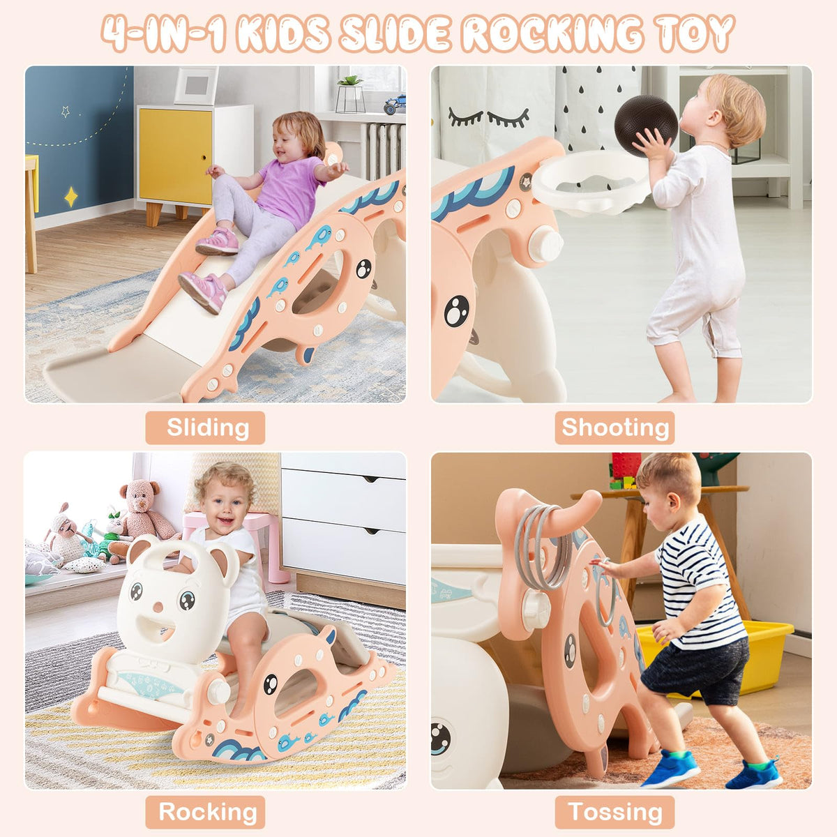 4-in-1 Kids Slide Rocking Toy, Multifunctional Toddler Slide with Rocking Horse