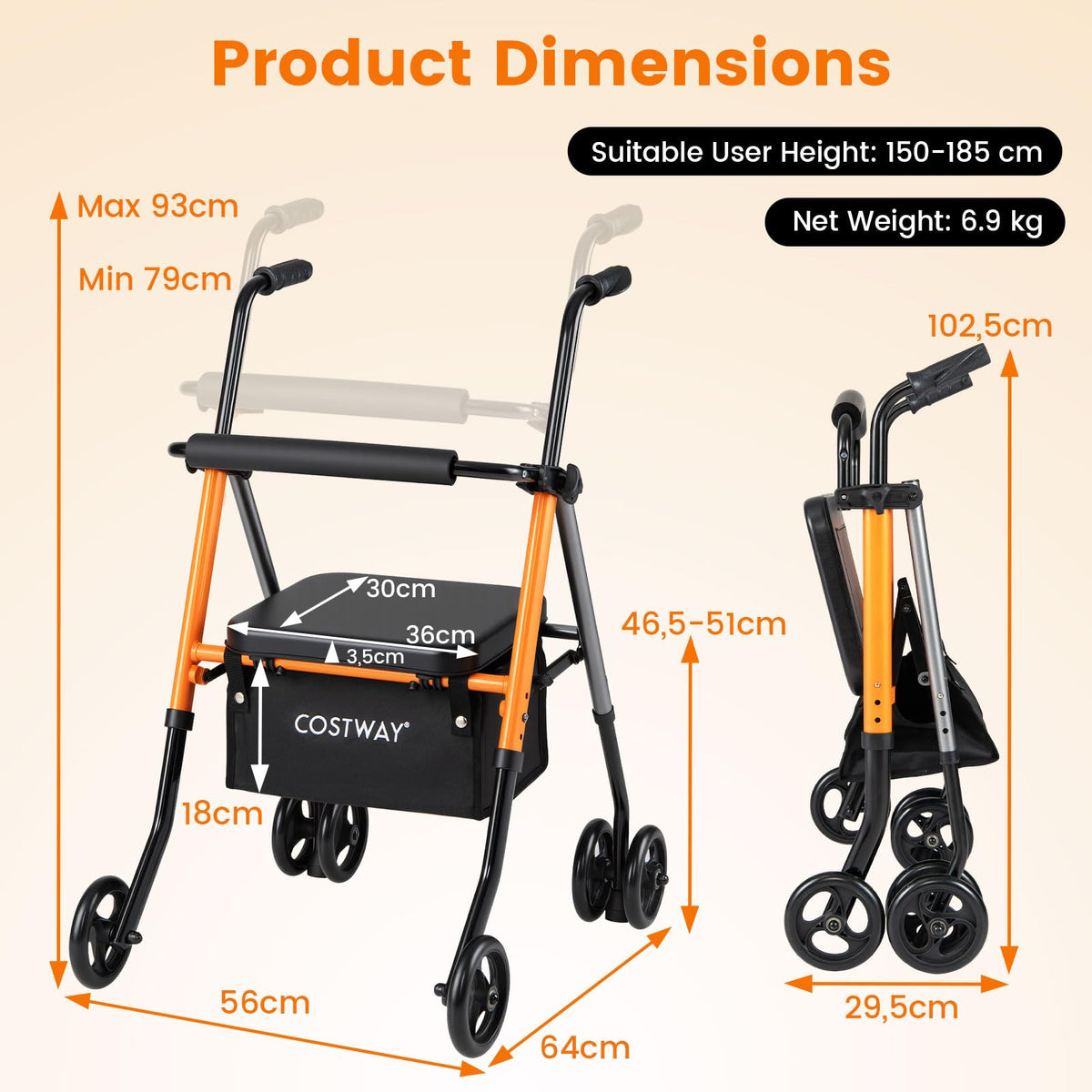 Folding Lightweight Rollator Walker with Backrest and Adjustable Height 136 KG Capacity