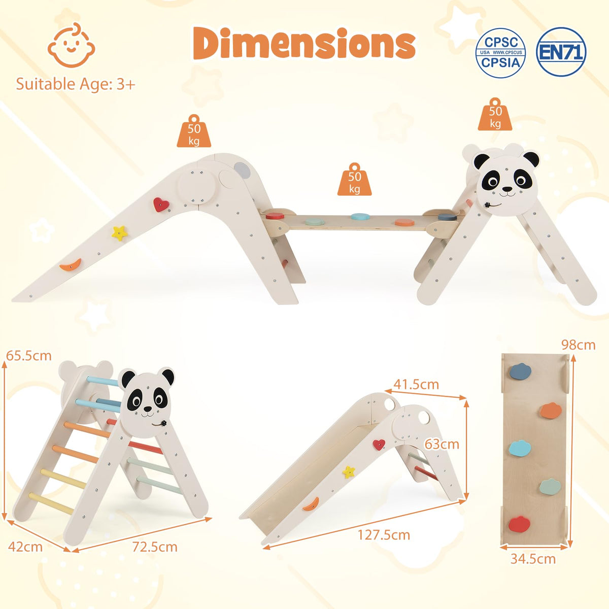 Foldable Panda-Themed Wood Montessori Climbing Set, Indoor Children Playground Jungle Gym