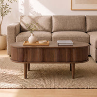 Oval Lift Top Fluted Design Coffee Table with Storage and Raised Wood Feet