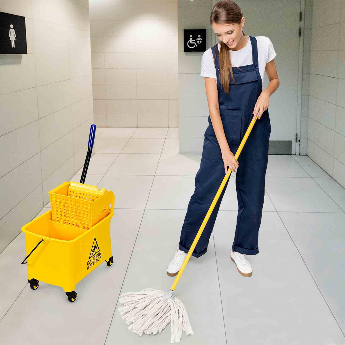 Mop Bucket w/ Down Press Wringer, 20L Commercial Cleaning Bucket w/ Wheels & Carrying Handle