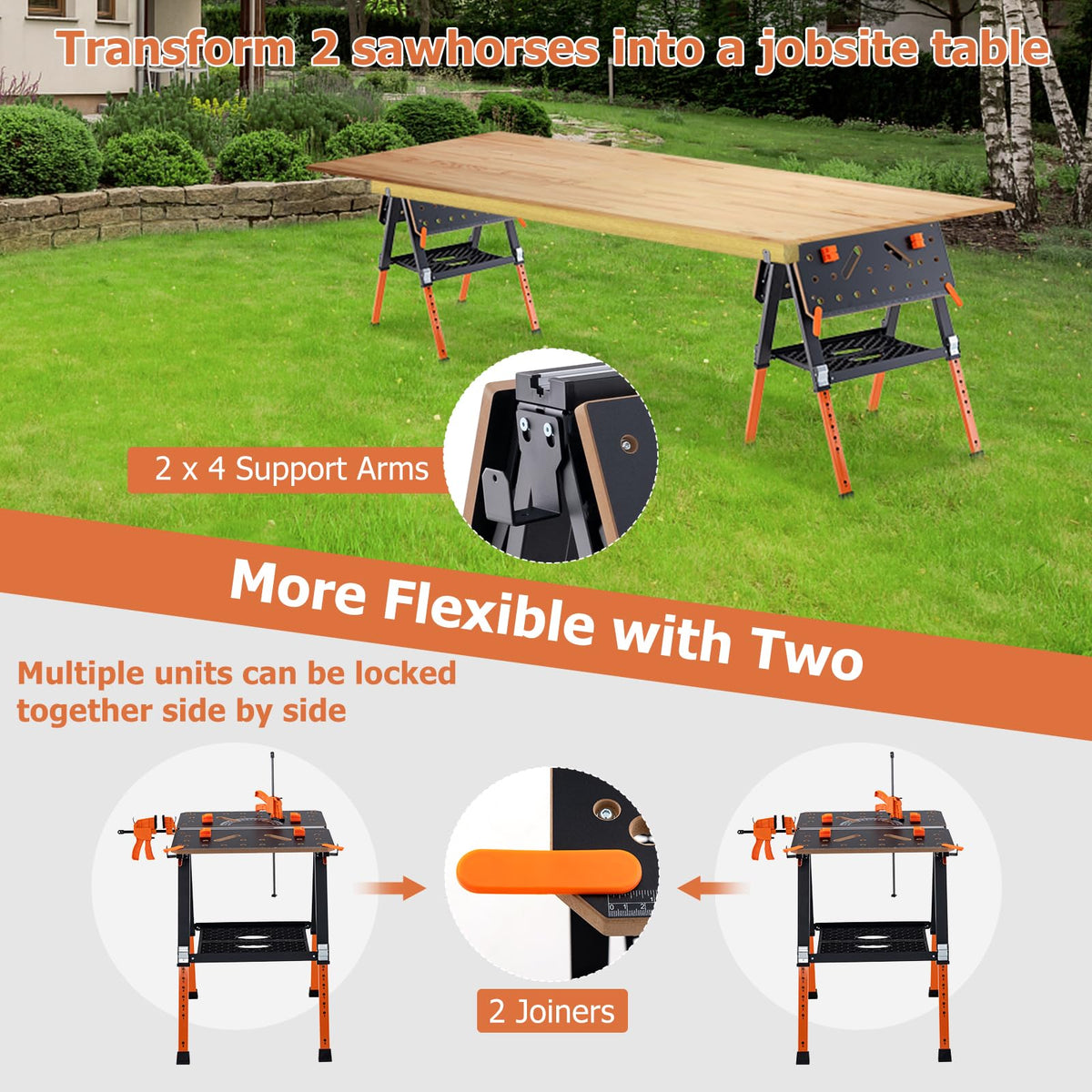 2-in-1 Folding Work Table & Sawhorse, 454 kg Max Load Workbench w/ 2 Quick Clamps & 4 Clamp Dogs