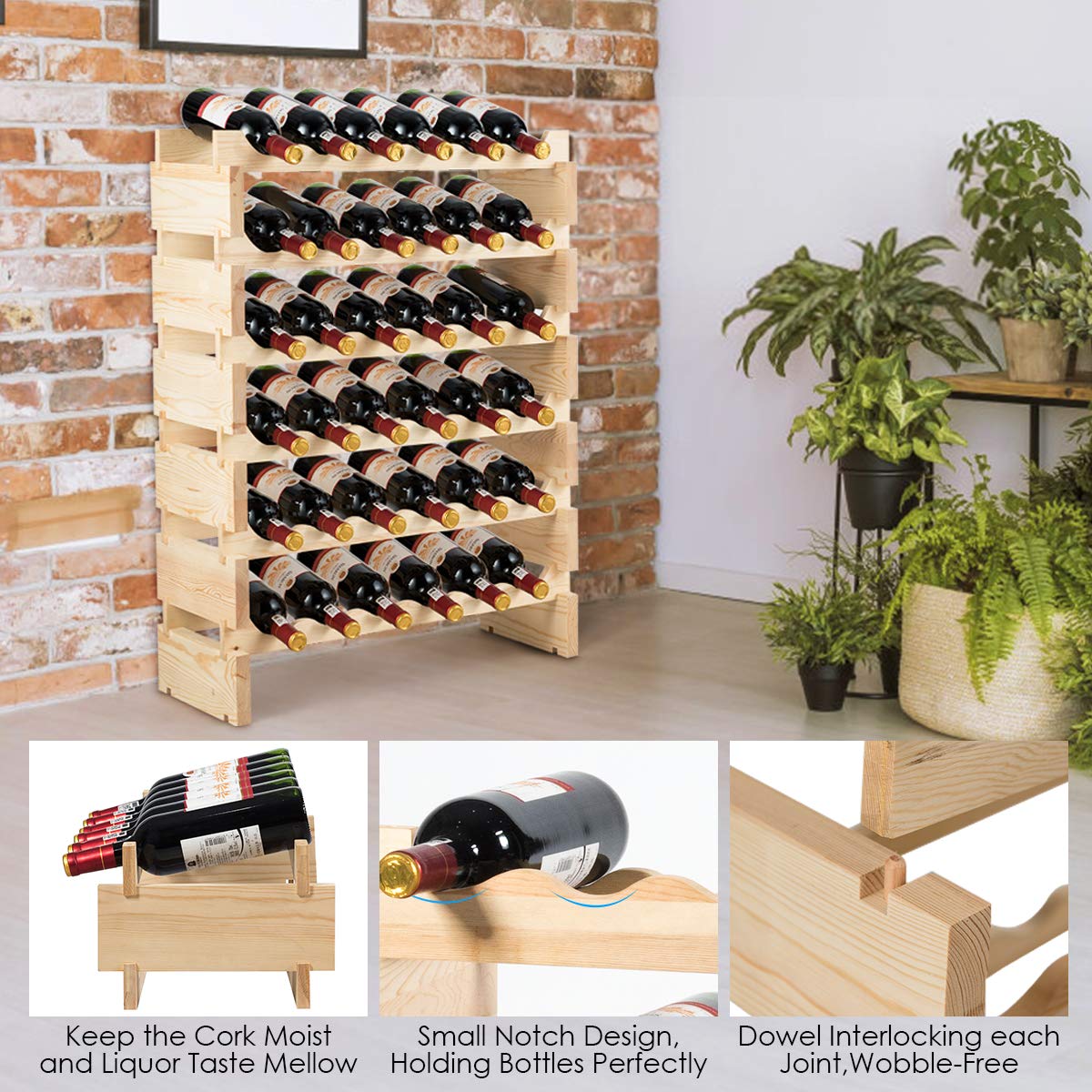 Giantex 6 Levels Wine Rack for 36 Bottles, Pine Wood Bottle Stand, Wine Stand with Stackable and Wave-Shaped Design