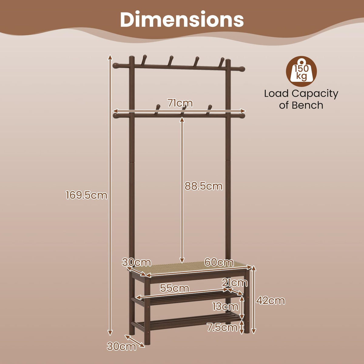 3-in-1 Hall Tree with 11 Hooks Hanging Rods and Shelves for Home