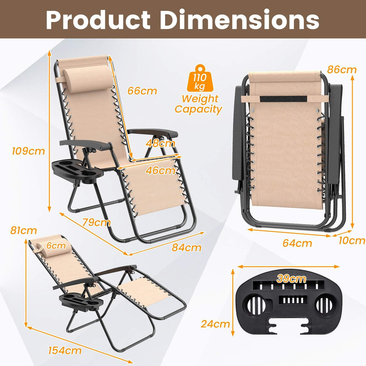 Patio Zero Gravity Lounge Chair with Cup Holder & Removable Pillow