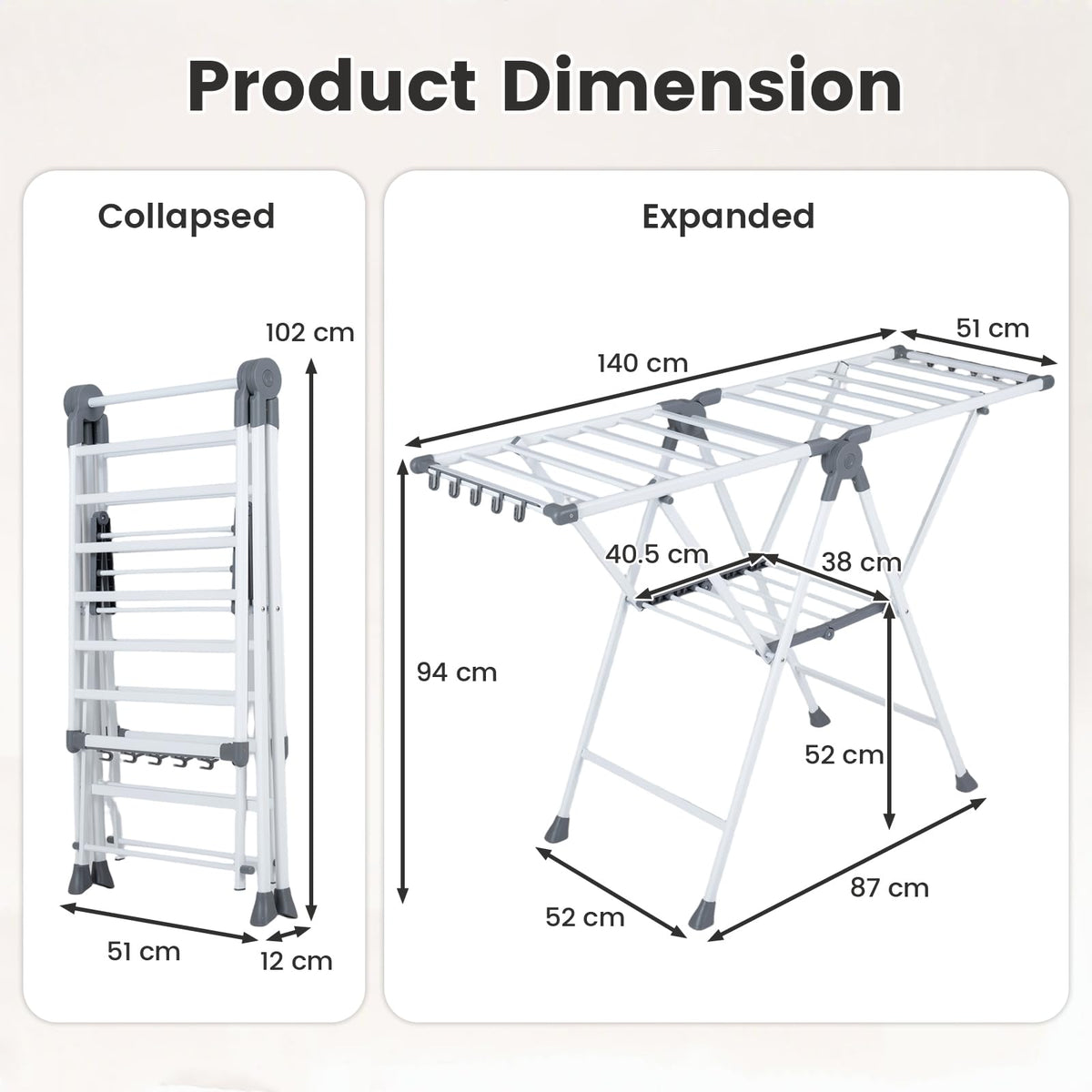 Foldable 2-Level Clothes Drying Rack with140 CM Adjustable Wings